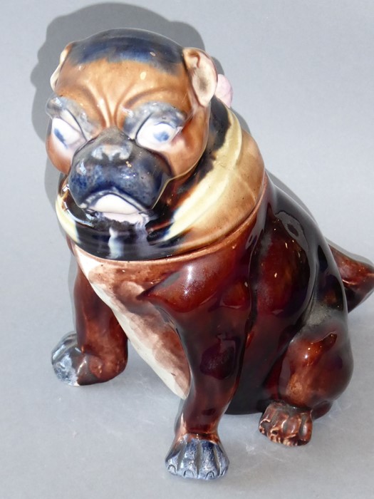 A novelty late 19th century Majolica pottery box and cover modelled as a pug dog (20cm high)