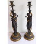 A large and heavy opposing pair of figural candlesticks modelled as Classical-style maidens each