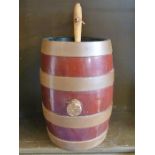 A copper, coopered wooden drinks barrel with spigot (the barrel 36cm high)