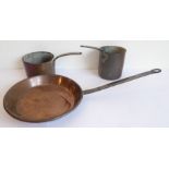 Two copper saucepans with iron handles together with a larger frying pan (3)