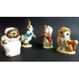 Four Beatrix Potter figures: Timmy Tiptoes (small firing fault to bottom of base at rear), Old Mr