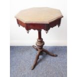 A mid-19th century octagonal mahogany occasional table; wavy frieze, inverted finials, turned stem