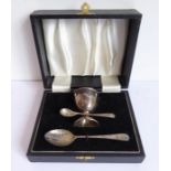 A cased hallmarked silver egg and spoon set; egg cup, egg spoon and salt spoon, W.A. maker's mark on