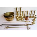 A selection of 19th century brass ejector candlesticks together with other metalware to include
