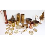 An interesting selection of brass and metalware; two pairs of shell cases (11cm and 23cm high),