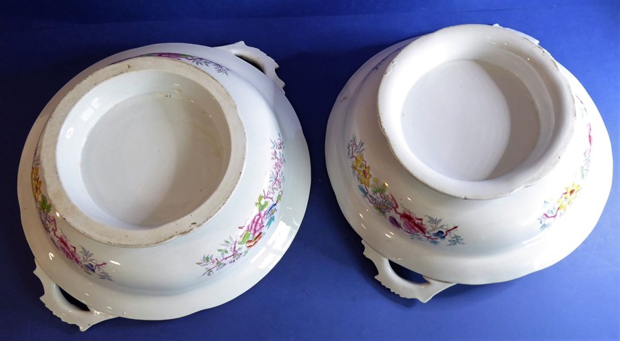 A pair of late 19th century circular two-handled tureens and covers, gilded and decorated with - Image 3 of 5