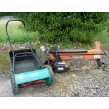 A Bosch lawn mower and a Logmaster log splitterThe Log splitter and mower are both reported as being