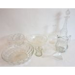 A selection of glassware to include fruit bowls, decanters, a jug and a funnel