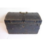 A 19th century dome-topped and brass-studded pine box with single central brass carrying handle (