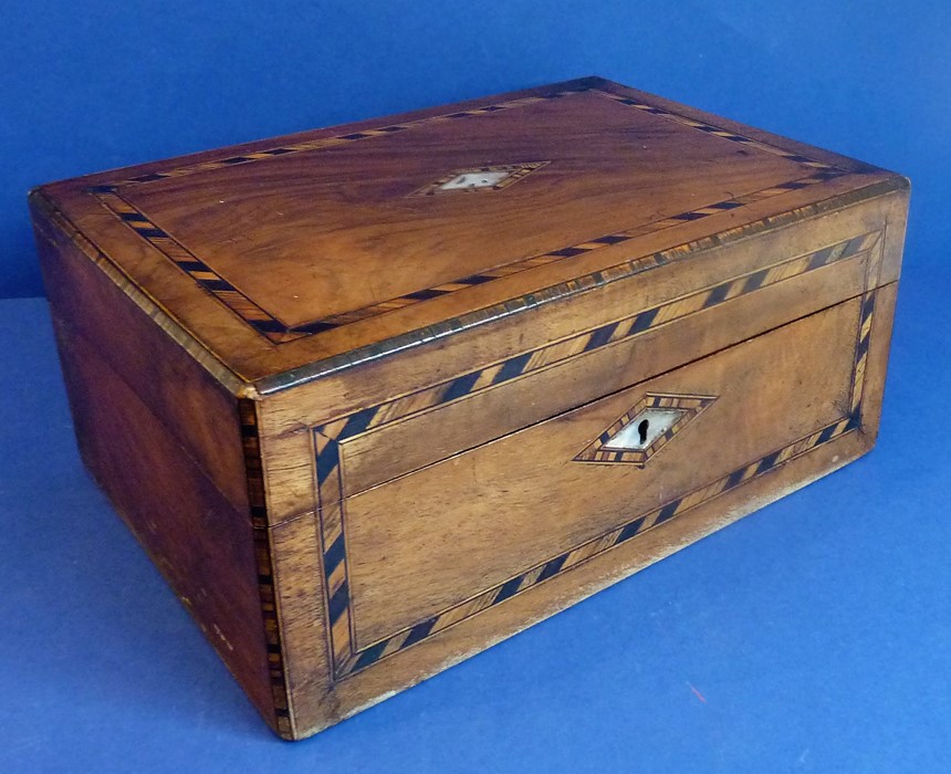 A mid-19th century walnut and banded sewing box with a variety of sewing and other items within - Image 2 of 2