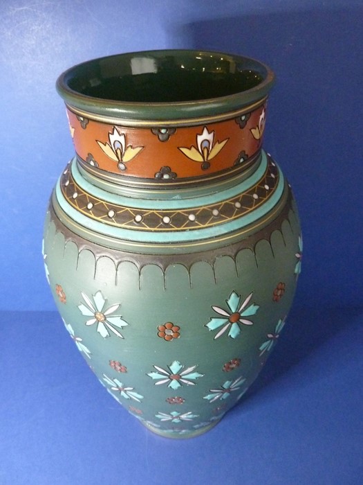 A late 19th century Mettlach porcelain vase; hand-decorated in enamels with stylised flower heads ( - Image 2 of 6