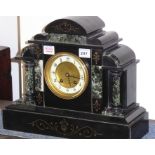 A late 19th century slate and marble mantel clock of architectural form; the cream chapter ring with