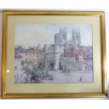 A large gilt-framed and glazed colour print depicting of Bootham Bar, York (42cm x 55cm)