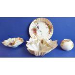 Four pieces of early 20th century Royal Worcester Blush porcelain: a side dish, a shell-shaped