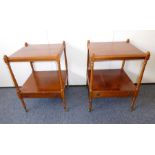 A pair of yew-wood occasional tables, each with a single full-width drawer raised on turned legs