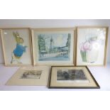 An interesting selection of five pictures and prints; two of Beatrix Potter characters, a hand-
