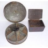 An antique Indian spice tin with compartmentalised interior and central nutmeg grater, together with