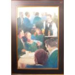A parcel-gilt-framed and glazed contemporary giclee print of diners being served drinks by a waiter,