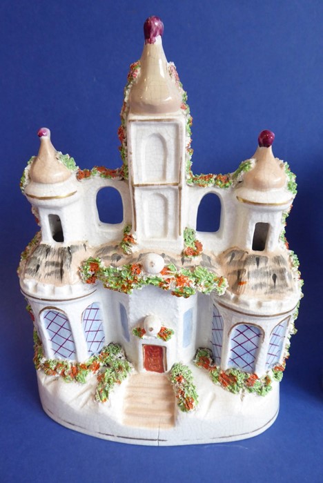 Two 19th century Staffordshire pottery flatback spill models, one modelled as a castle with two - Image 4 of 7