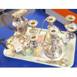 A selection of silver-plated wares to include a pair of three-light table candelabra