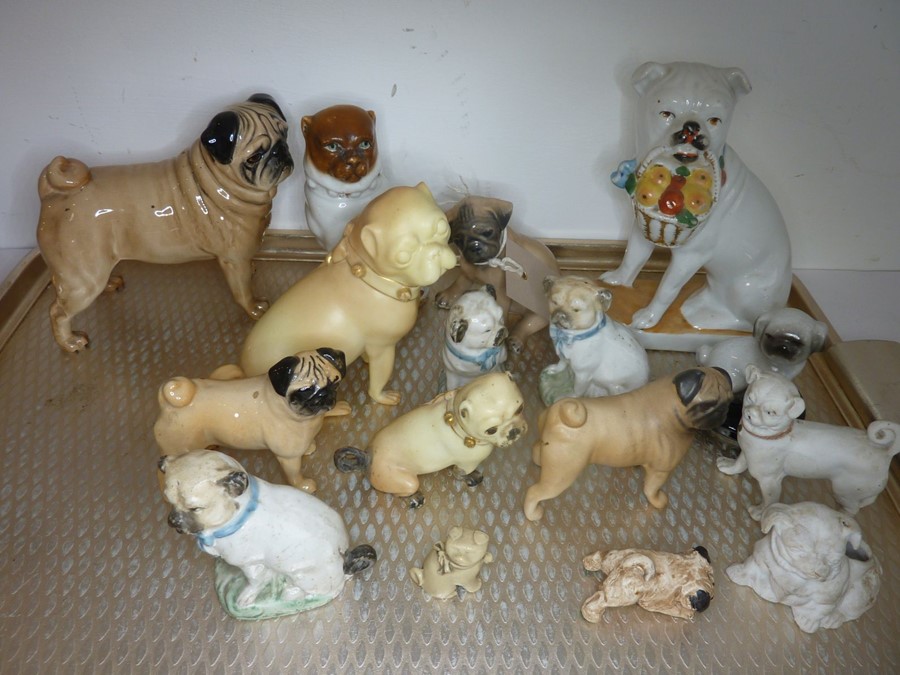 Sixteen, mostly small, decorative ceramic pug dogs and bulldogs to include a 19th century 'basket' - Image 3 of 5