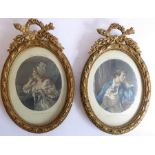 A good opposing pair of oval gilt-framed and glazed hand-coloured French engravings (frame size 29.