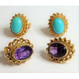 A pair of 9-carat yellow-gold stud earrings each centrally set with a hand-cut oval amethyst,