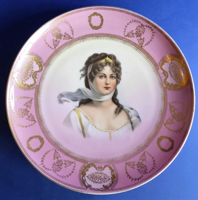 A late 19th century cabinet plate decorated with a beautiful young woman surrounded by a puce and - Image 6 of 7