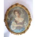 A late 19th / early 20th century oval gilt-framed half-length coloured engraving of a beautiful