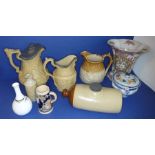 Various ceramics to include harvest jugs, stoneware and a mid-19th century pewter-mounted