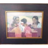 A parcel gilt-framed contemporary giclee print of two ladies dining with a bow-tied waiter beyond,