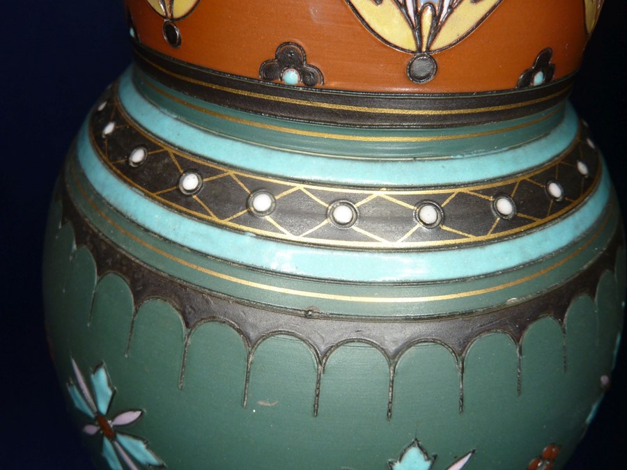 A late 19th century Mettlach porcelain vase; hand-decorated in enamels with stylised flower heads ( - Image 5 of 6