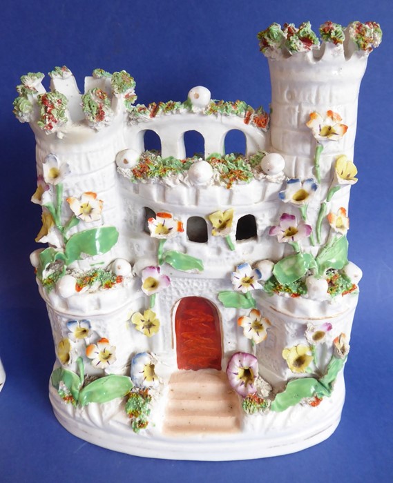 Two 19th century Staffordshire pottery flatback spill models, one modelled as a castle with two - Image 3 of 7