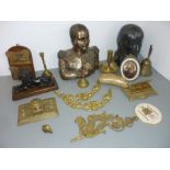 A variety of items to include brassware, an oval portrait miniature, two busts of Napoleon to