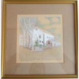 An original wash study of a continental town-hall-style building within a square, signed lower left,