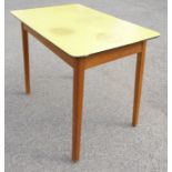 A circa 1950s / 1960s yellow Formica-topped centre table with single side-drawer and squared