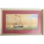 A 19th century framed and glazed (later) naive watercolour study of a steamer before rocks and a