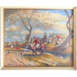 A cream-framed oil on artist's board study of fox hunting, signed lower left Beeson (50cm x 60cm)