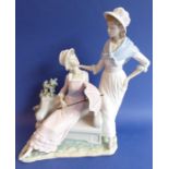 A extremely large Lladro porcelain hand-decorated sculpture model; lady seated on a park bench