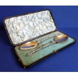 A cased pair of hallmarked silver apostle-style spoons in earlier style; each with gilded bowl,