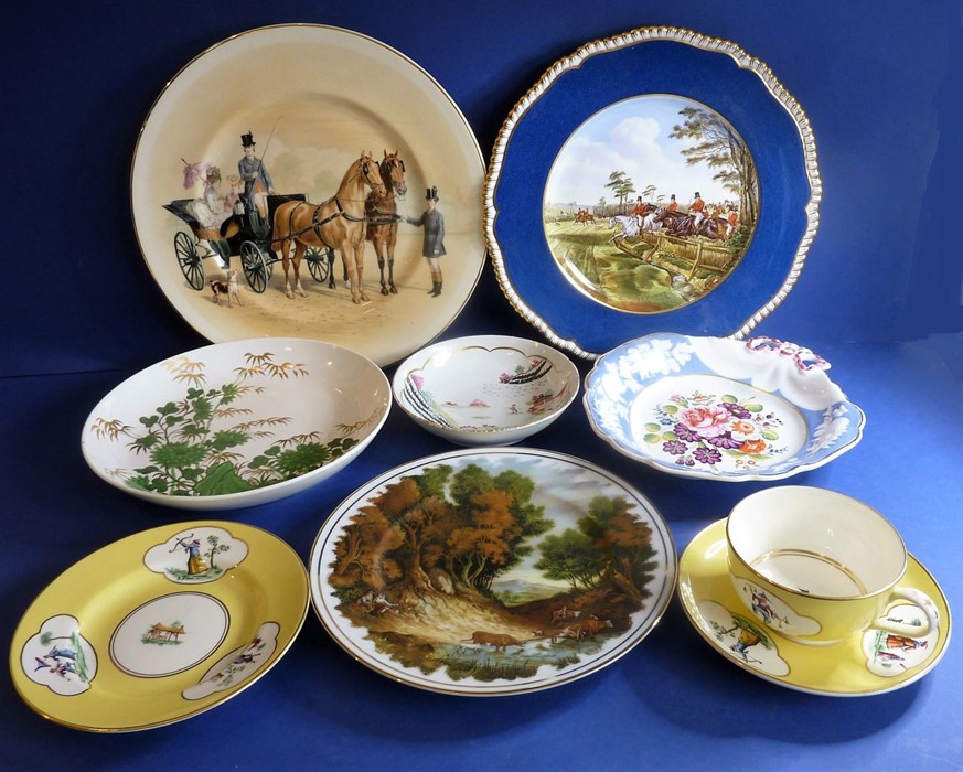 A selection of various decorative plates and dishes to include a Spode bone-china plate, 'Full