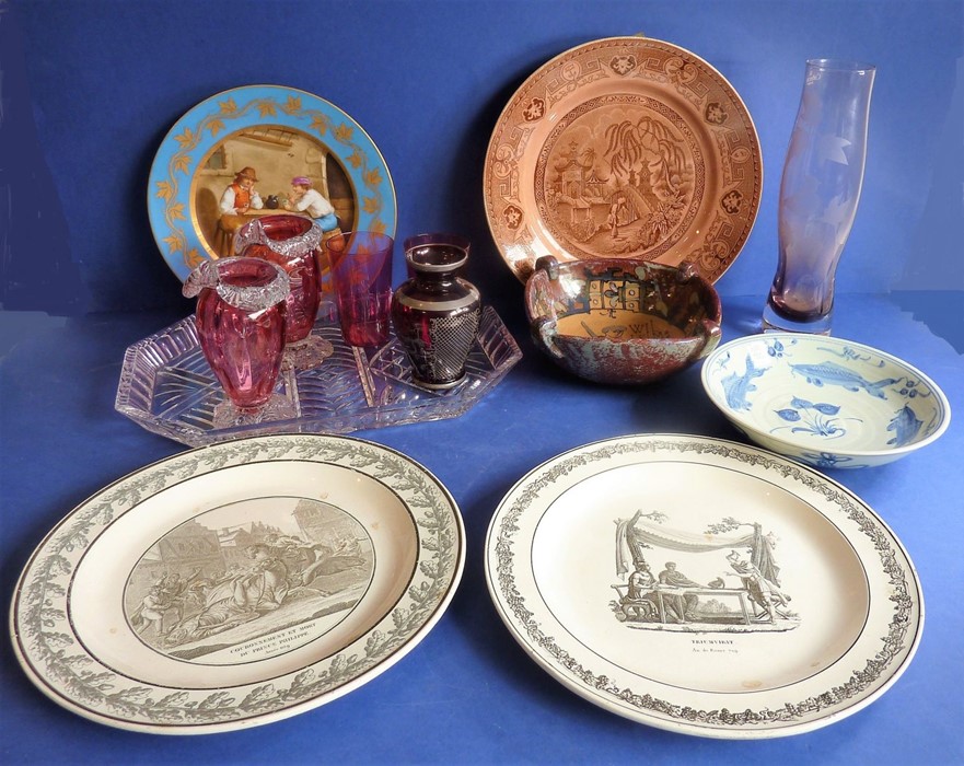 Various ceramics and glassware to include a 19th century cranberry glass vase and an early to mid-