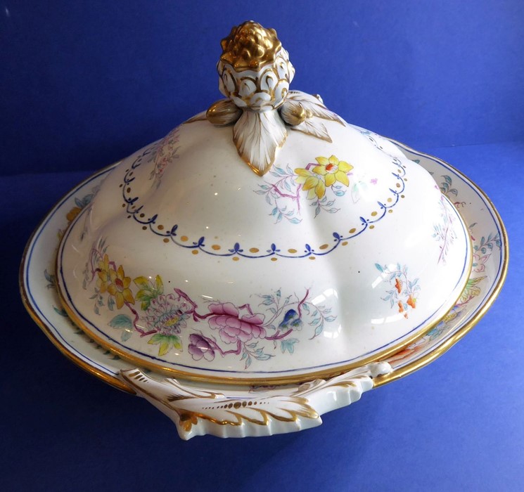 A pair of late 19th century circular two-handled tureens and covers, gilded and decorated with - Image 5 of 5