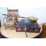 A 19th century brass bed-warming pan engraved with rigglework-style decoration, together with a