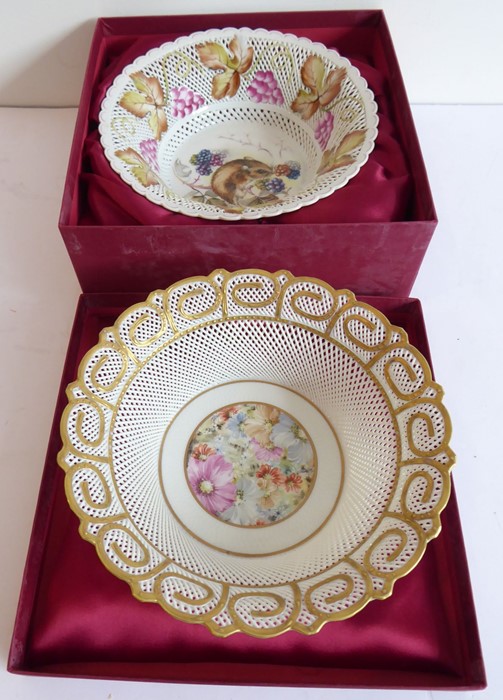 Two Bronte porcelain bowls with reticulated borders; one hand-decorated with flowers and the other