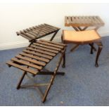 Three folding luggage racks together with an early 20th century concave-seated stool with cabriole