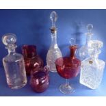 A varied selection of cranberry and clear glass; to include a fine cut-glass mallet-shaped