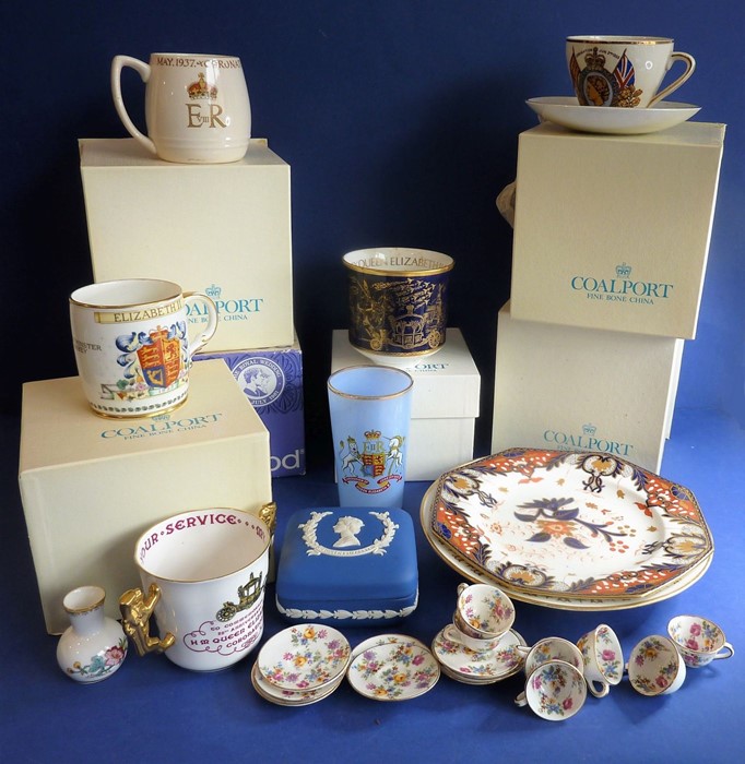 A good selection of ceramics to include boxed Coalport Royal commemorative china mugs and a Foley