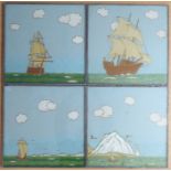 A very rare set of four 1920s Art Deco double-sided lead-framed glass panels; designs of ships and