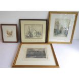Four decorative pictures and prints to include a countryside pencil sketch and a 19th century gilt-
